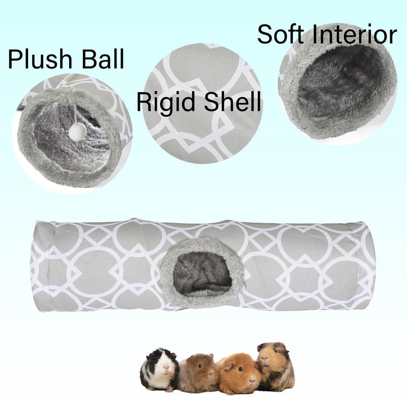 LUCKITTY Plush Inside Stright Shape Small Animals Tube Tunnel with Interactive Ball for Guinea Pig, Hamster, Chinchilla, Hedgehog Hiding and Resting, Geometric Grey - Image 3